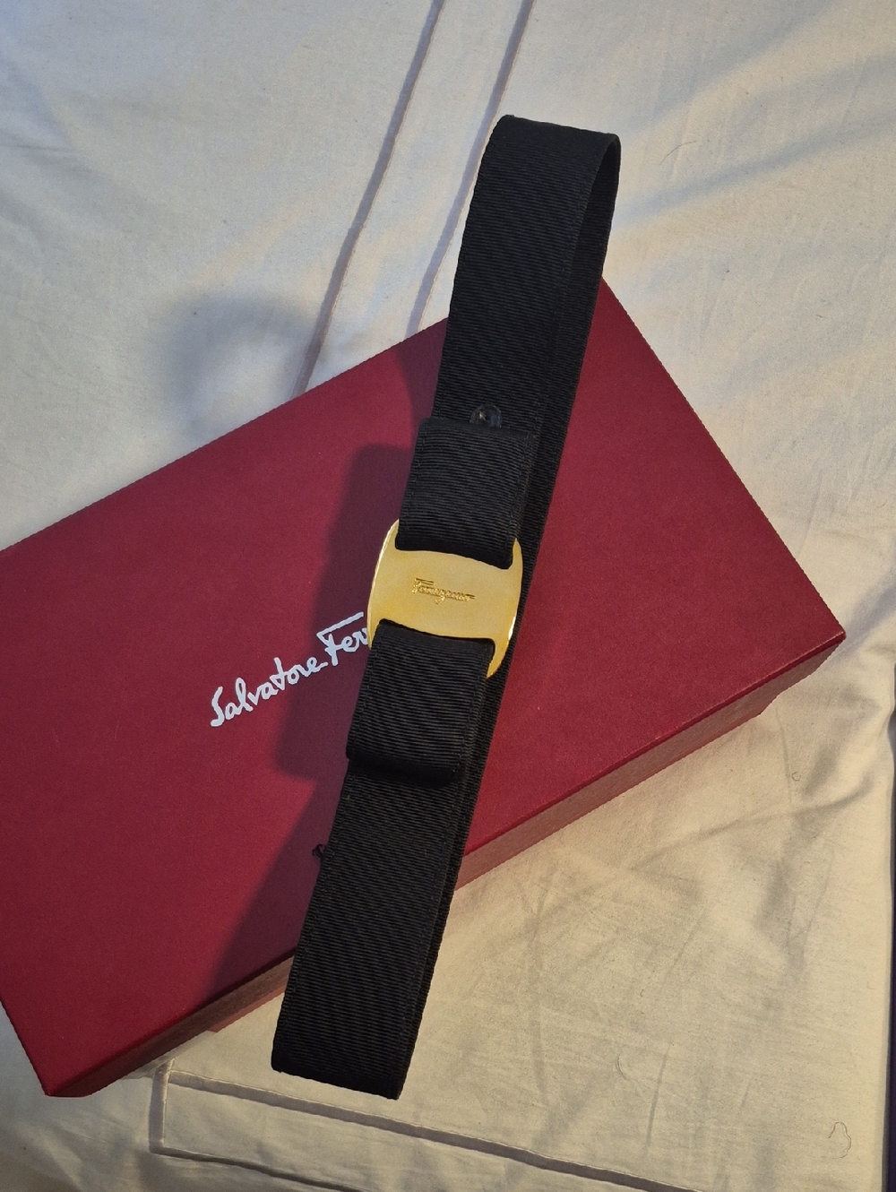 Salvatore Ferragamo Black Webbed Belt with Gold-Tone Signature Buckle